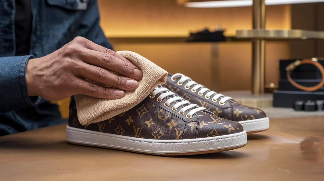 A person using a microfiber cloth for the regular cleaning and conditioning of brown monogrammed designer sneakers.