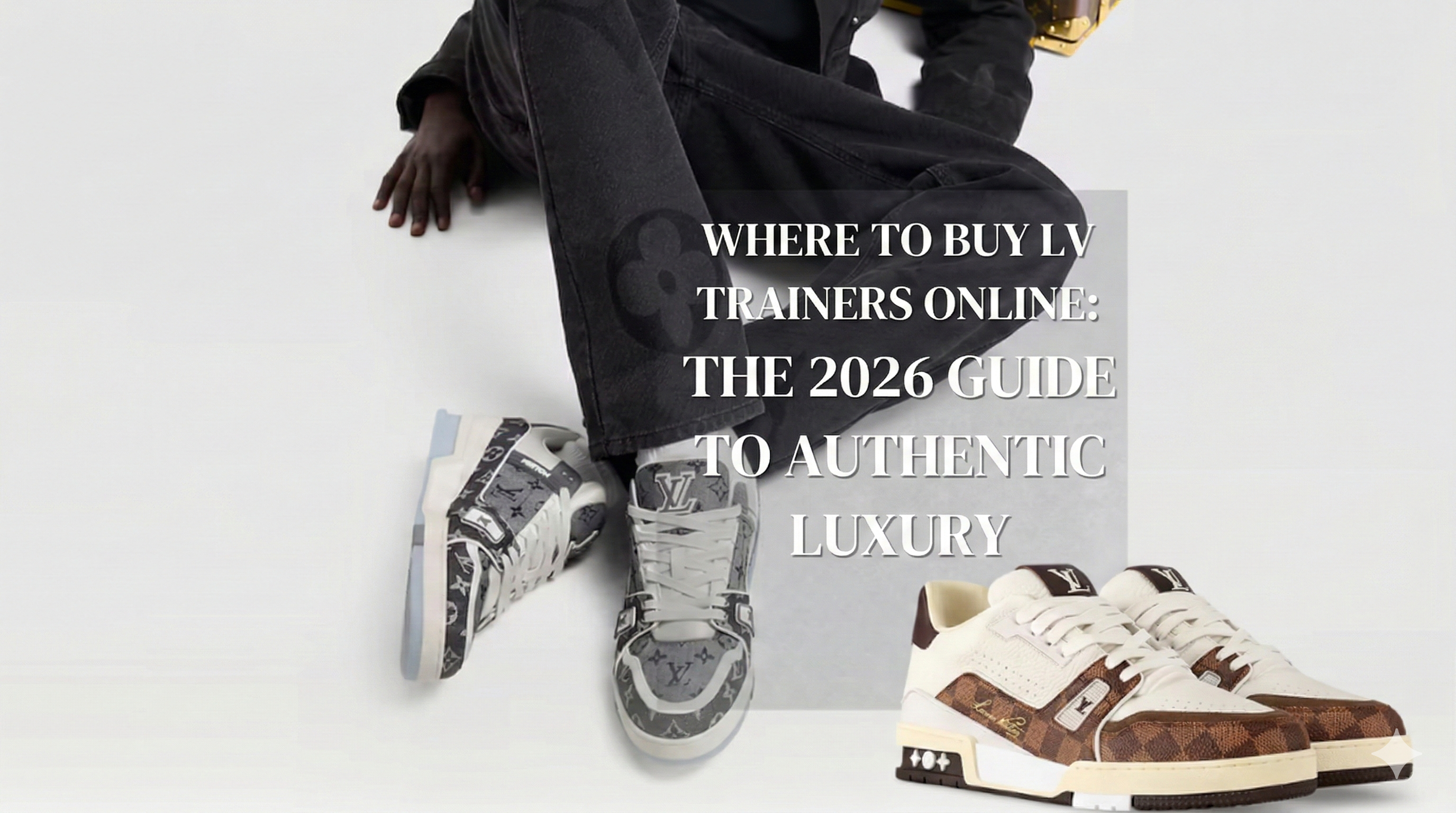 Close-up of Louis Vuitton LV Trainer sneakers in grey monogram denim and white leather with Damier Ebene canvas accents.