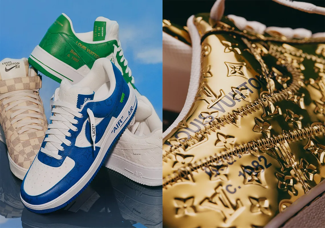 A collection of Louis Vuitton x Nike Air Force 1 sneakers by Virgil Abloh in blue, green, and cream colorways, paired with a close-up of the metallic gold monogram embossed leather version