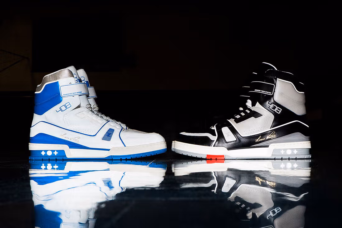 Two pairs of luxury high-top sneakers with '408' branding and 'Advanced Tech System' straps in blue-white and black-grey colorways.