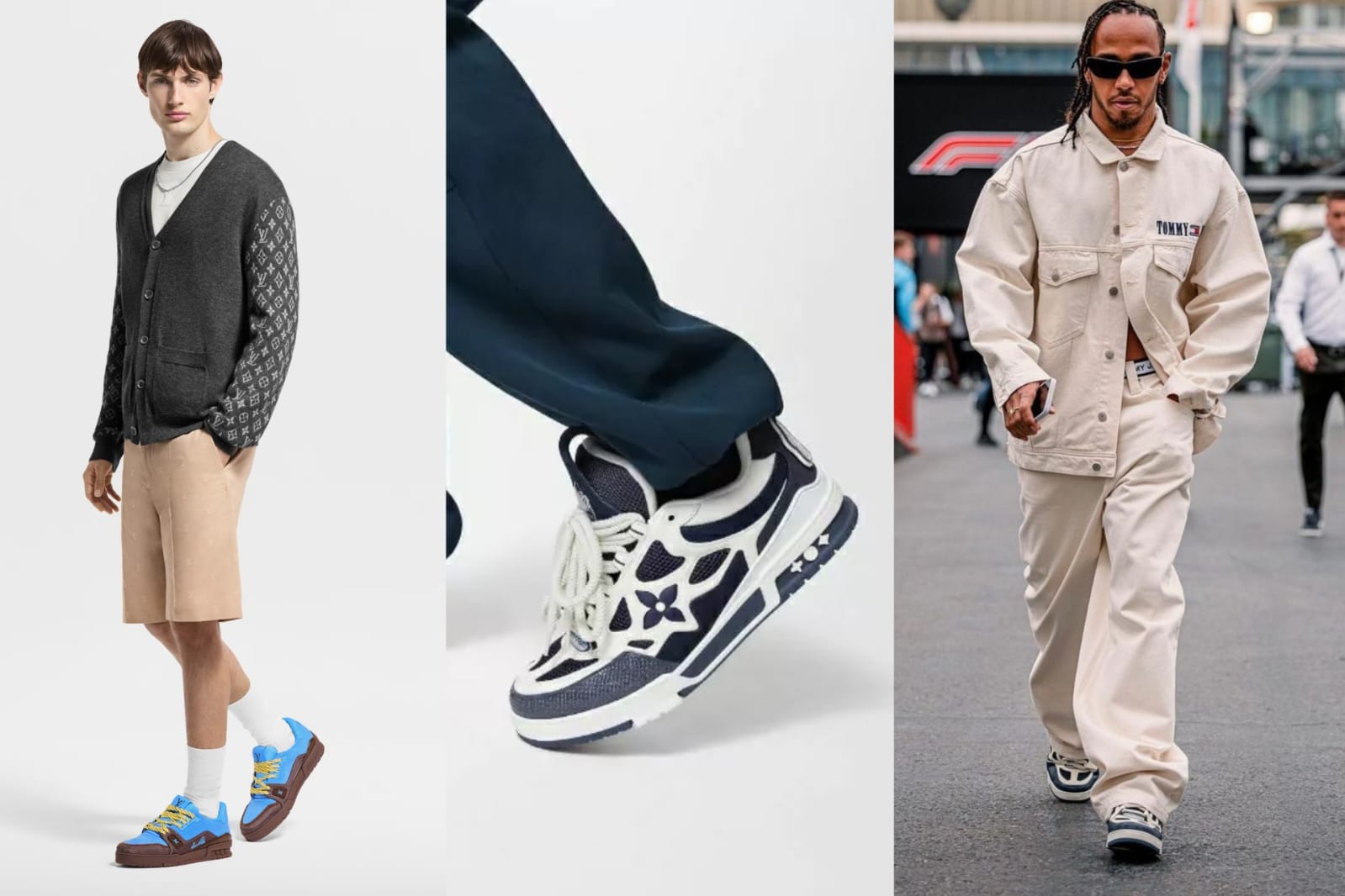 Triptych of Louis Vuitton sneaker styling