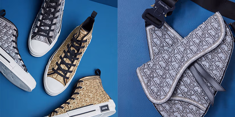 Two-panel Dior campaign display on a bright blue background; left: flat lay view of metallic gold and silver-grey Dior B23 high-top sneakers with black laces and white vulcanized midsoles