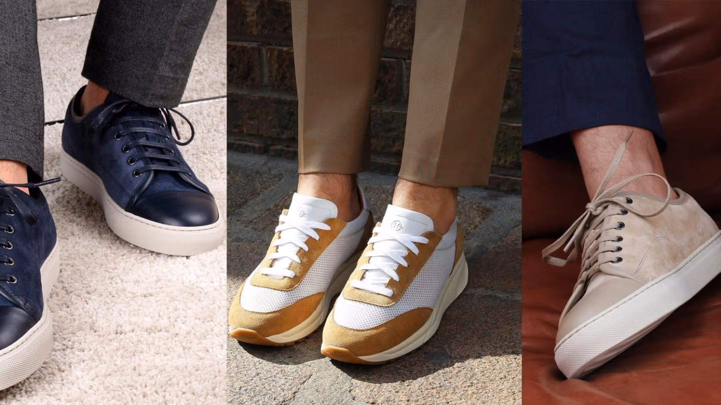 A three-panel triptych displaying different styles of men's smart-casual sneakers paired with tailored trousers.